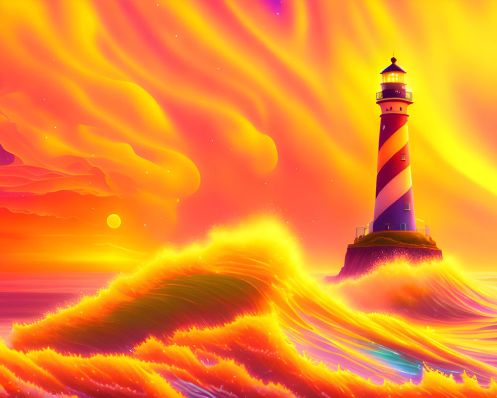 Colorful digital artwork: Lighthouse on rocky outcrop, fiery waves, surreal sky.