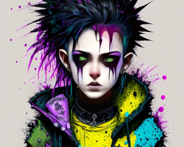 Illustration of person with punk aesthetic: spiked black hair, purple eye makeup, yellow & blue jacket