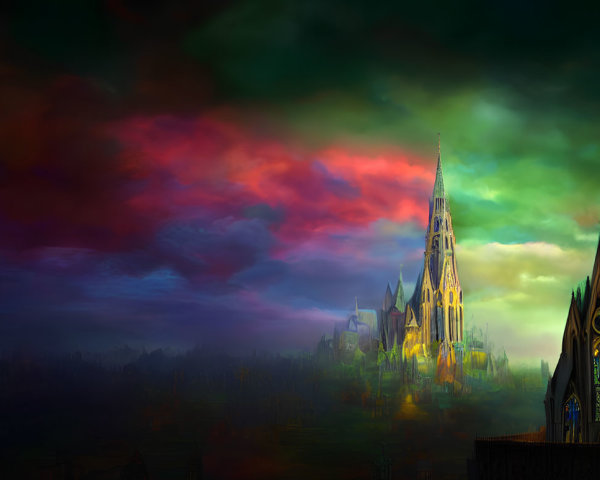 Dramatic sky over Gothic cathedrals with vibrant red, purple, and yellow hues