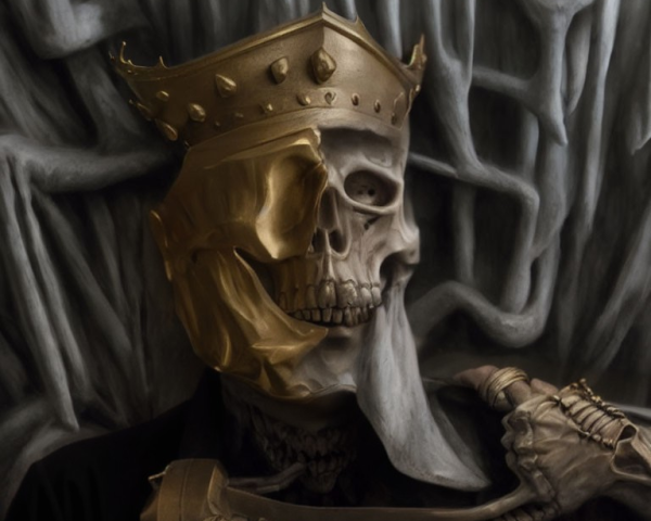 Skeletal figure with golden crown and scepter on dark, root-like background
