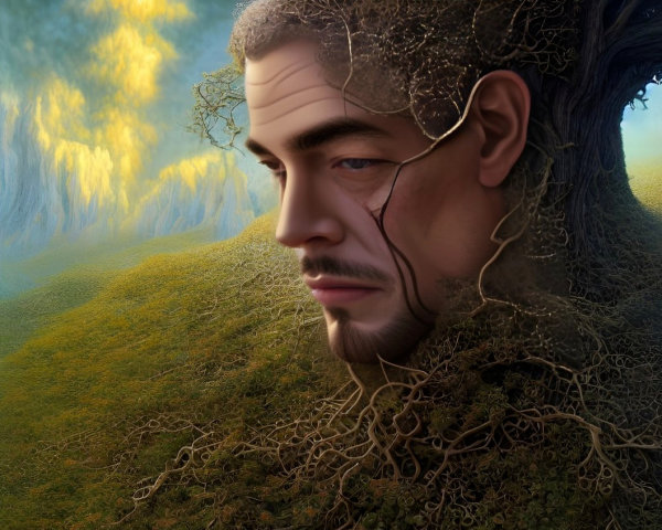 Man's face merges with tree elements in nature-inspired digital art