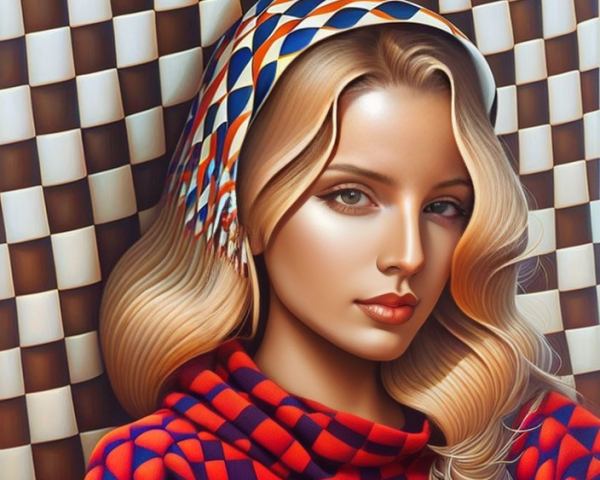 Blonde woman in checkered top and colorful headscarf on geometric backdrop