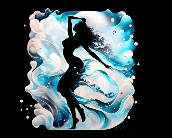Abstract woman silhouette blending with blue and white fluid shapes on black.