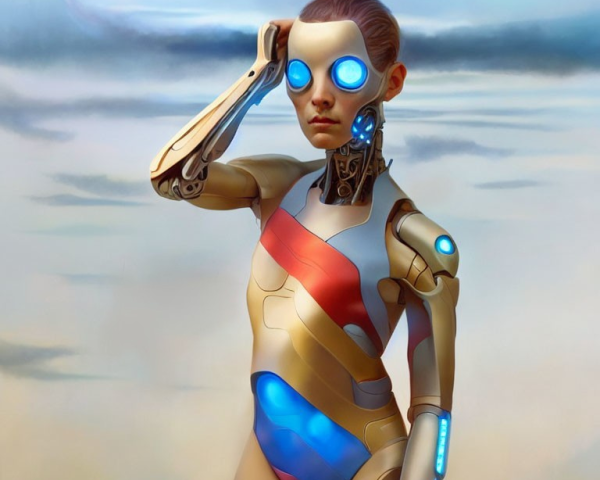 Realistic Female Android with Blue Glowing Eyes Saluting in Cloudy Sky