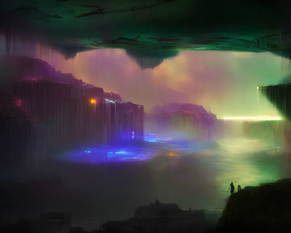 Surreal subterranean landscape with waterfalls, neon lights, and silhouettes.