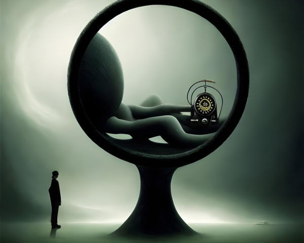 Surreal image of person and supine figure with clock in circular frame