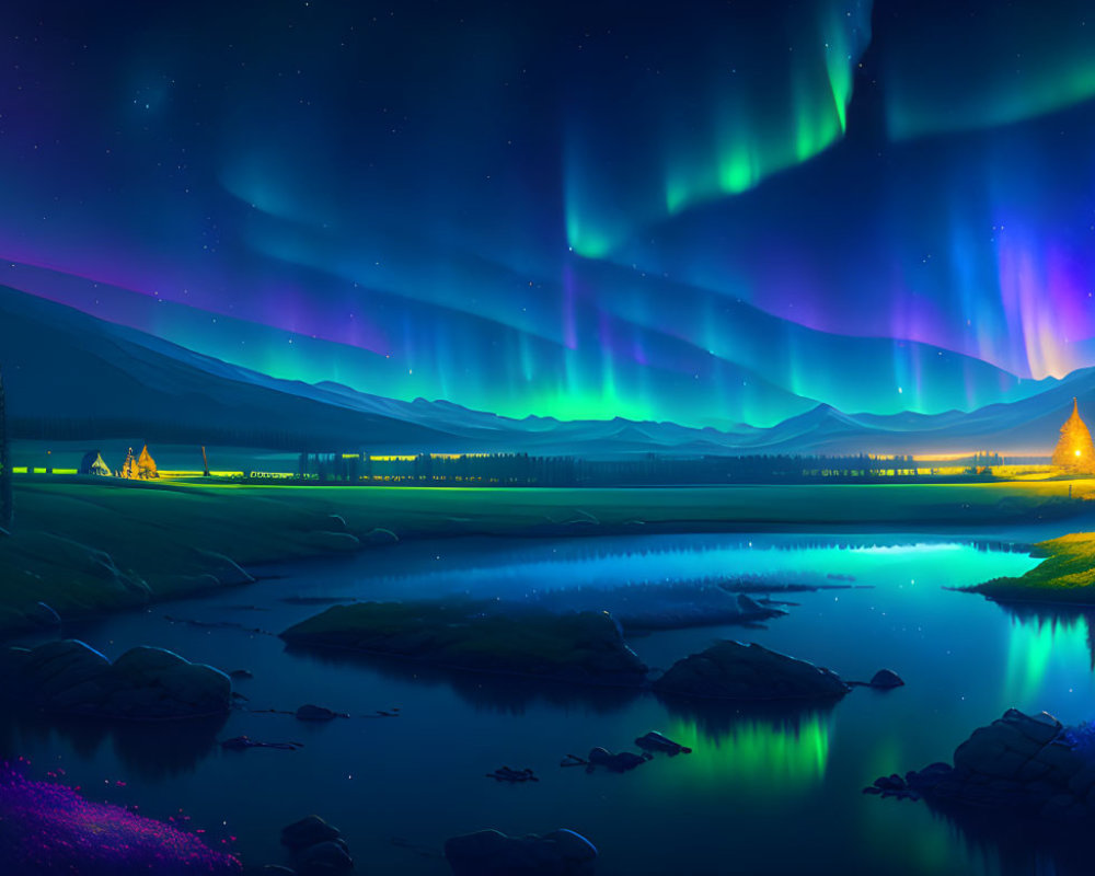 Digital Artwork: Aurora Borealis Over Serene Landscape