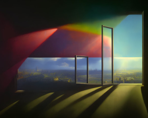 Surreal painting of open door with rainbow shadows in cityscape room
