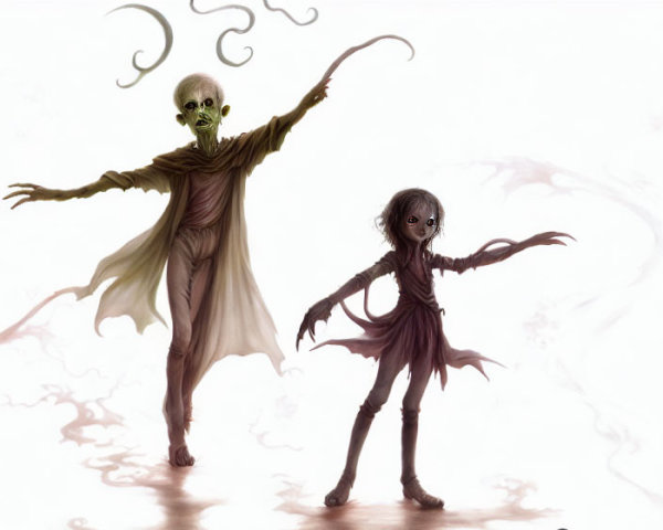 Ethereal fog surrounds two eerie, slender figures with elongated limbs.