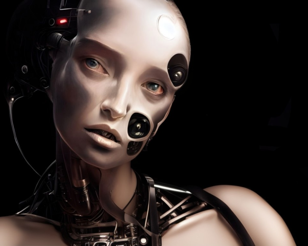Detailed humanoid robot with realistic face and futuristic earpiece on dark background