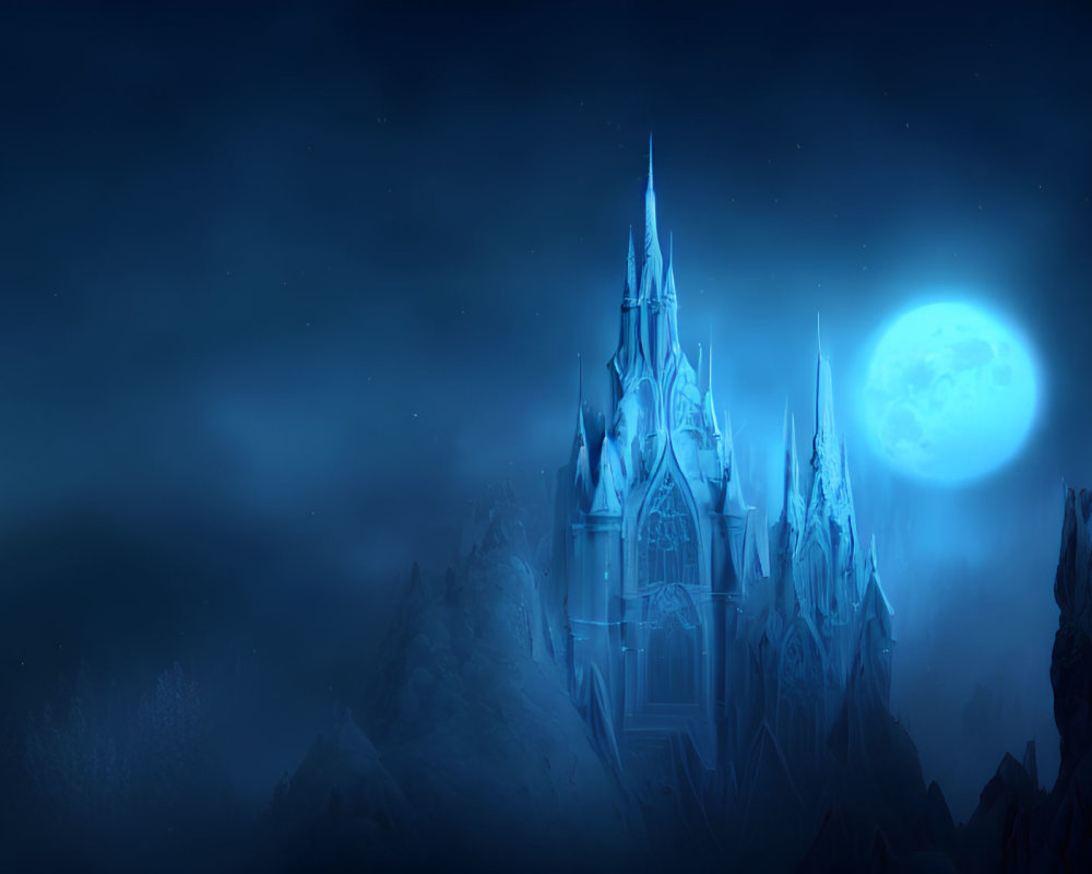Enchanting ice castle under full moon in misty rocky setting