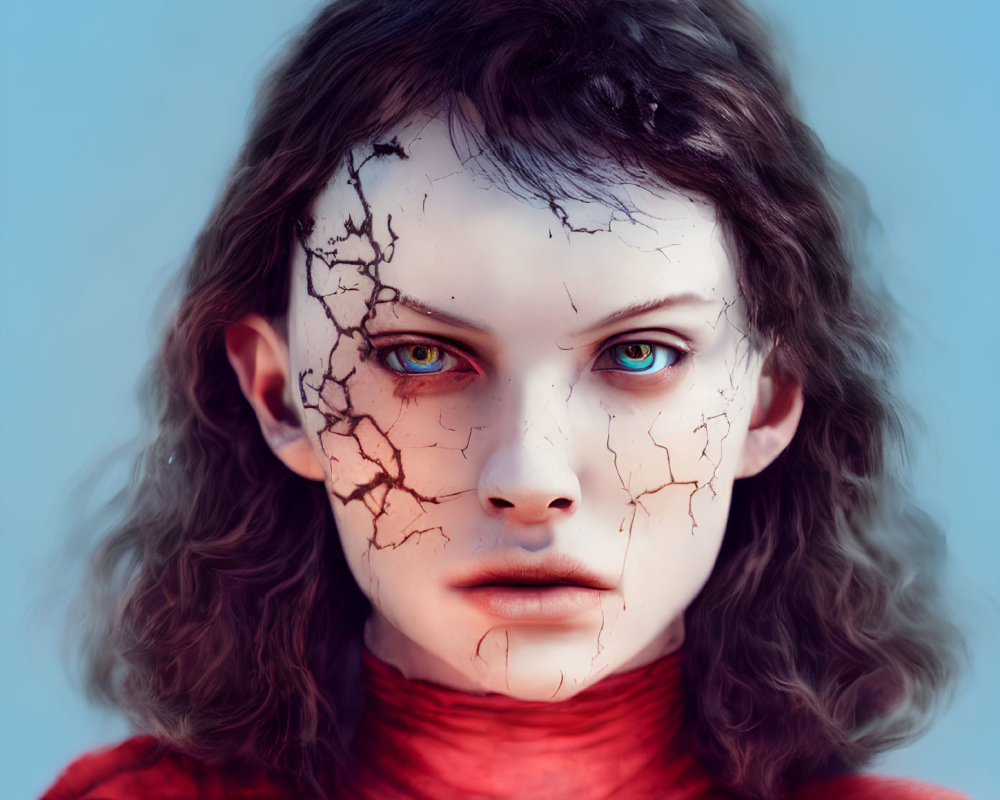 Person with cracked porcelain skin and blue eyes in red clothing on blue background
