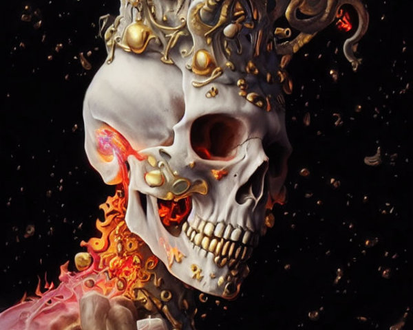 Stylized skull painting with horns and flames on dark background