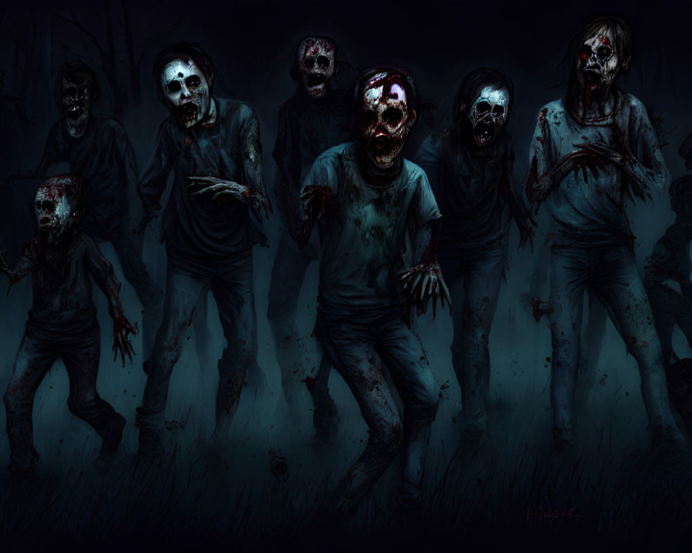 Horror-themed zombie group under dark night sky