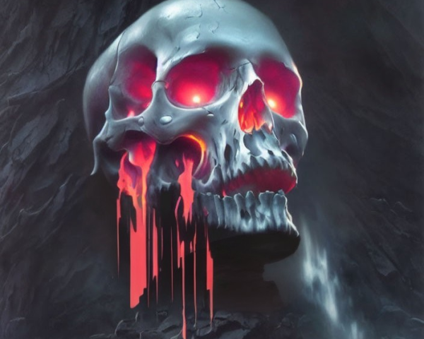Metallic Skull with Glowing Red Eyes in Rocky Cave Setting