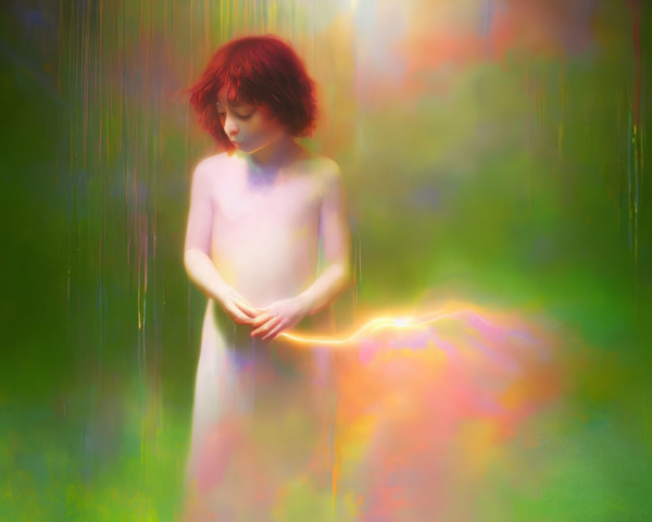 Person with Short Red Hair in Mystical Forest with Glowing Hands