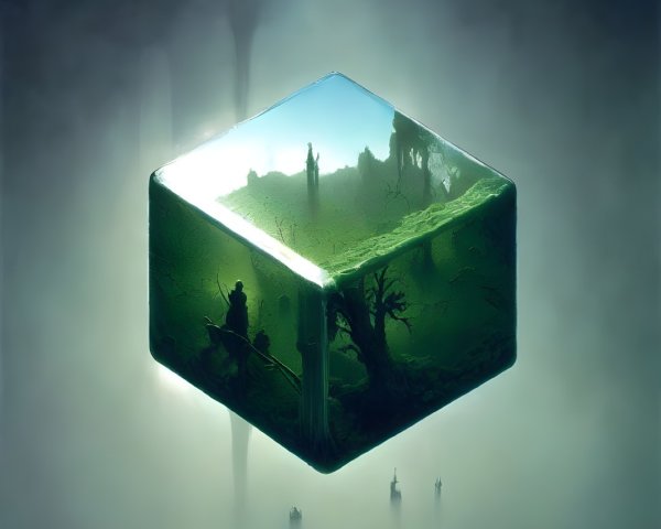 Surreal green cube terrarium with encapsulated forest in misty light