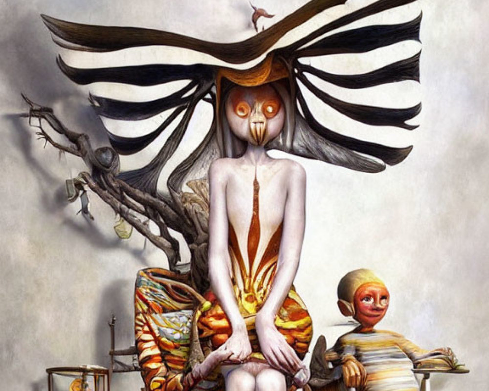 Surreal painting of humanoid figure with bird features and masked child on wooden floor