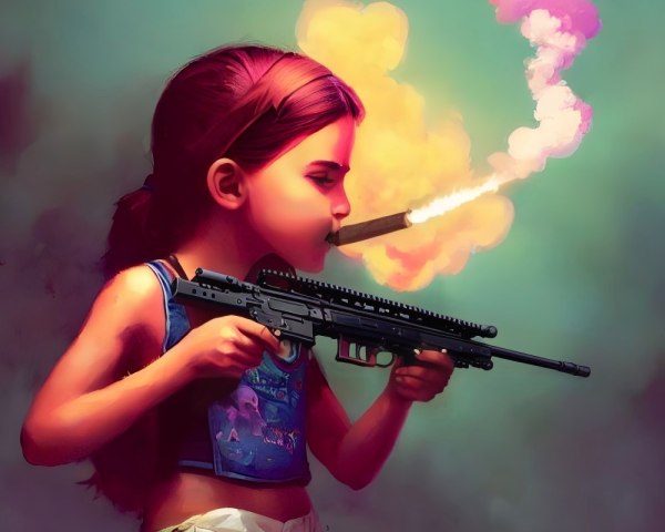 Colorful Smoke Plume Young Girl with Stylized Rifle Artwork
