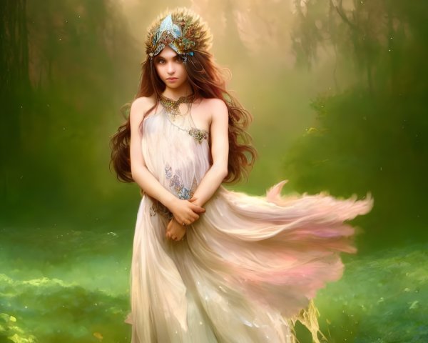 Mystical female figure with long brown hair in ornate headdress and cream dress in forest clearing