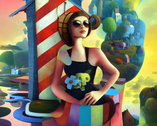 Colorful Landscape with Stylized Woman and Lighthouse