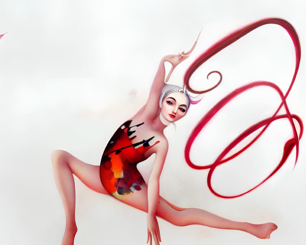 Whimsical female figure in expressive dance with red ribbons