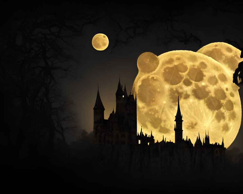 Gothic castle silhouette with yellow full moon and leafless trees