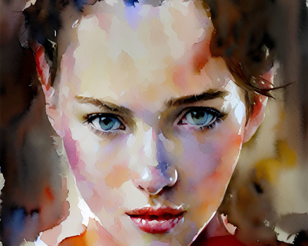 Watercolor painting of woman with intense gaze and blue eyes in red garment