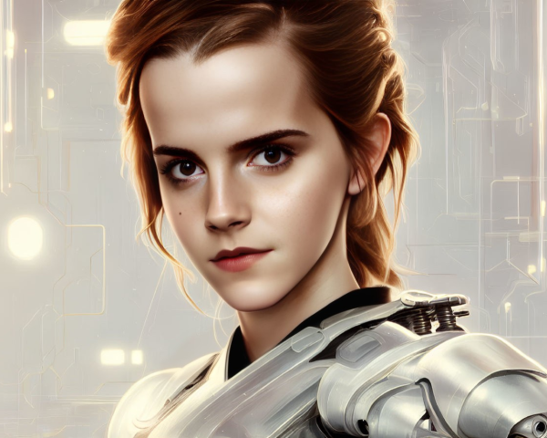 Futuristic digital portrait of a woman with brown hair in mechanical armor