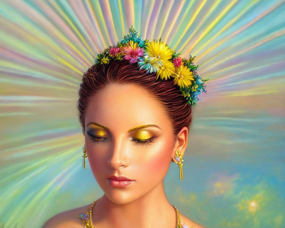 Colorful Portrait of Woman with Flower Crown and Radiant Beams