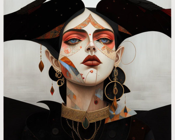 Pale-skinned woman with red geometric face patterns and crows on neutral background