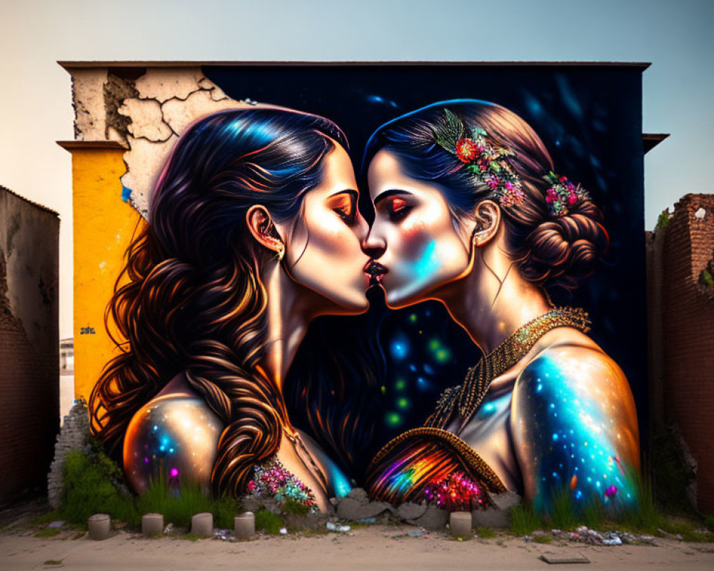 Colorful street art mural featuring two women with cosmic and floral motifs in an intimate embrace.