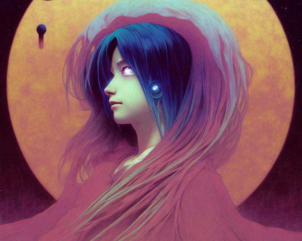 Blue-haired girl with planets in serene cosmic backdrop
