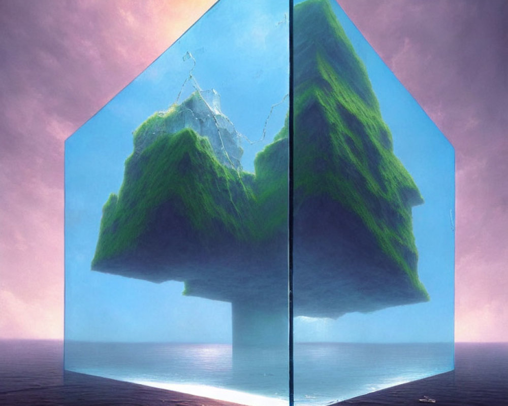 Inverted floating island in transparent cube over ocean under pink sky