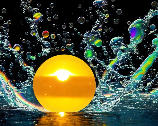 Colorful yellow sphere in sparkling water with multicolored droplets