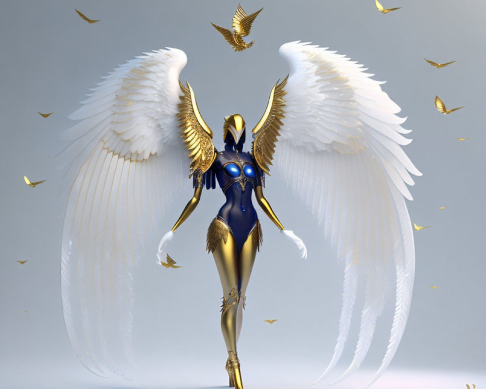 Futuristic angelic figure with white wings and gold & blue armor surrounded by golden birds on grey