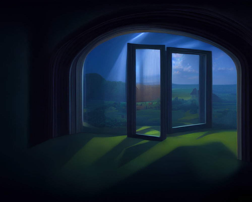 Moonlit Night Landscape Viewed Through Open Double Window