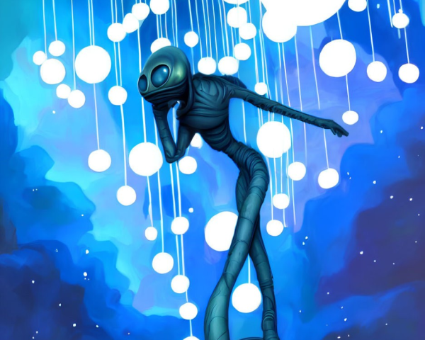 Blue Alien Creature Perched on Rock with Glowing Orbs in Blue Background
