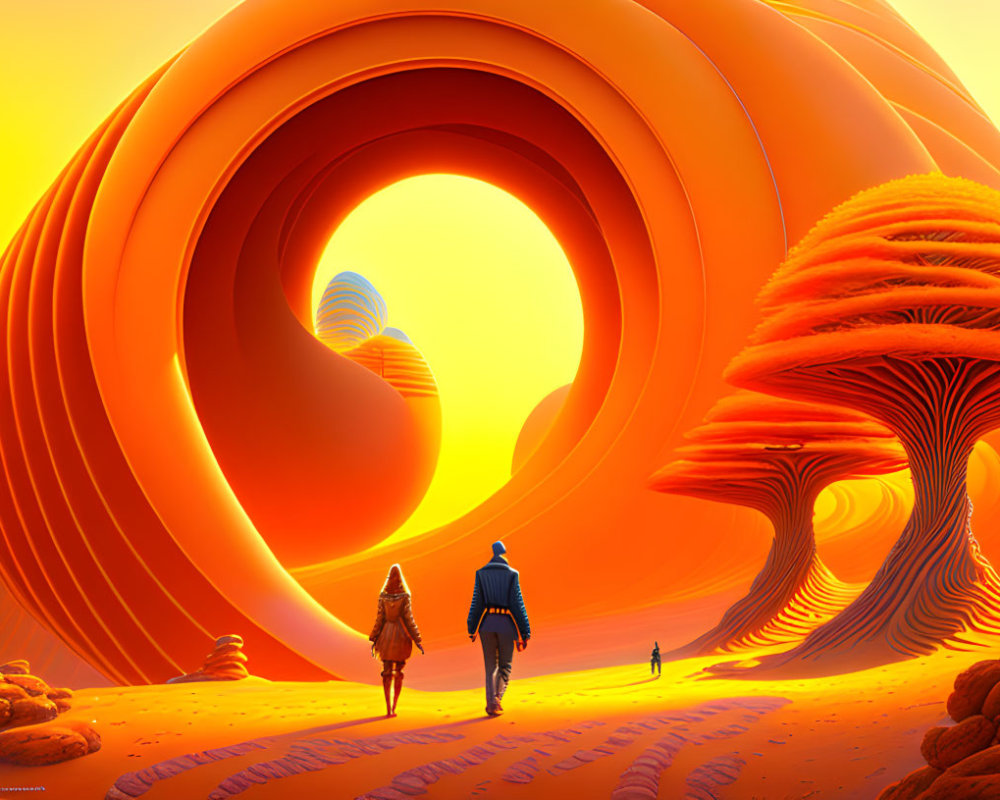 Two individuals approaching a large spiral structure in surreal orange landscape