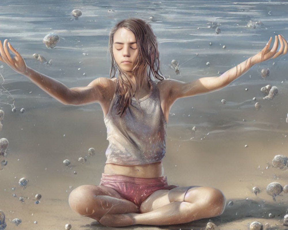 Person meditating on sandy surface with wet hair, closed eyes, raised hands, surrounded by orbs and