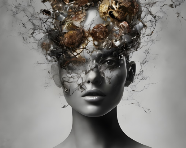 Surreal digital art portrait of a woman with metallic headdress