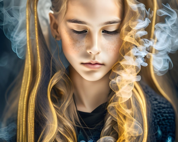Golden Braided Girl Surrounded by Blue and White Smoke