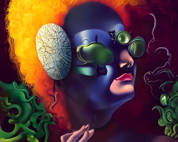Vibrant surreal portrait with orange hair, stone texture, green goggles, and serpentine creatures