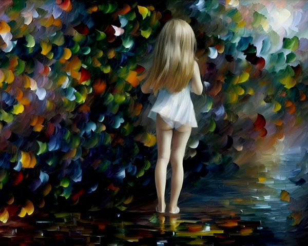 Young girl with long blonde hair in white dress on reflective surface amidst colorful foliage