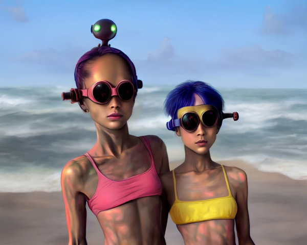 Stylized female figures with futuristic goggles and colorful hair on a beach.