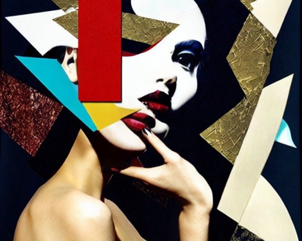 Abstract Collage Art: Woman's Face with Vibrant Colors & Geometric Shapes