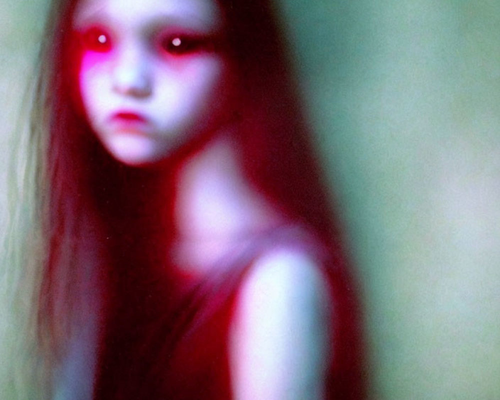 Blurred image of melancholic girl in red and blue light