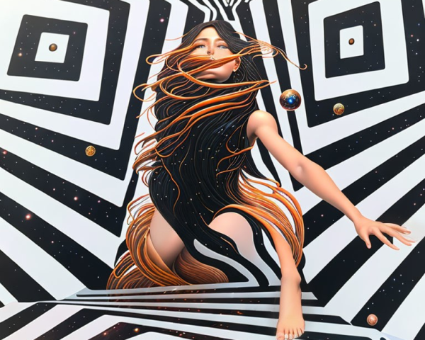 Surreal cosmic artwork featuring woman with flowing hair