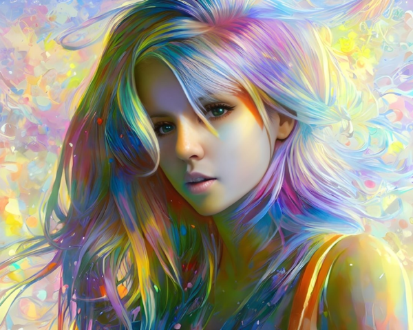 Colorful digital art portrait of a woman with multicolored hair and vibrant abstract background.