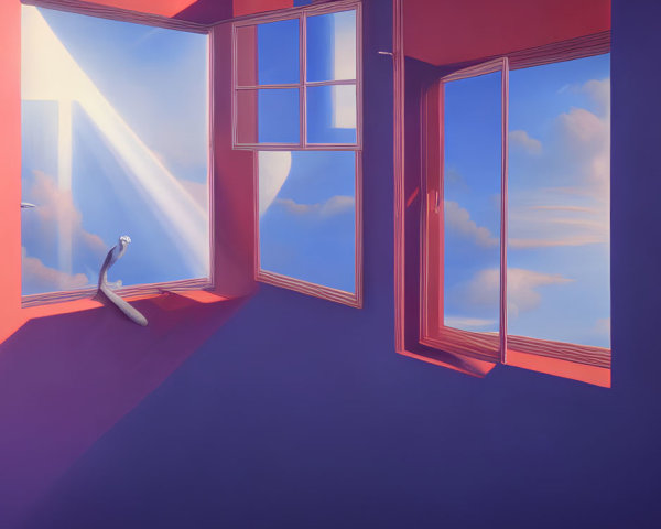 Purple-walled room with red windows, white peacock, and blue sky view